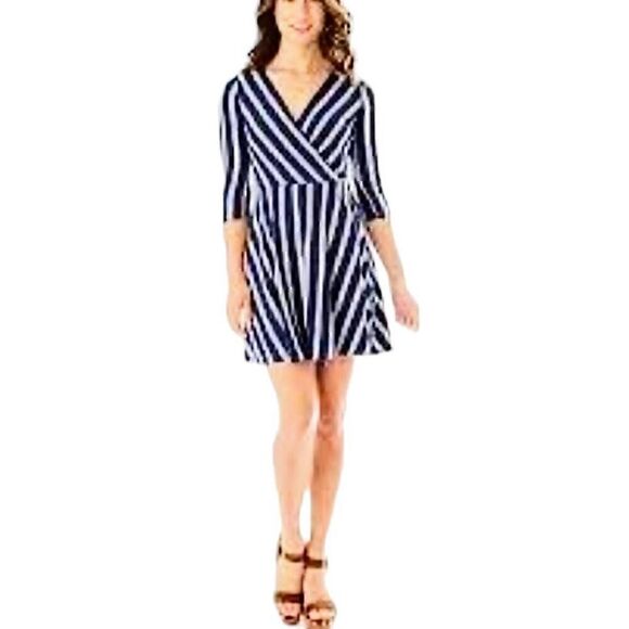 iZ Byer Blue Striped Soft Stretchy Faux Wrap Dress - Picture 1 of 12